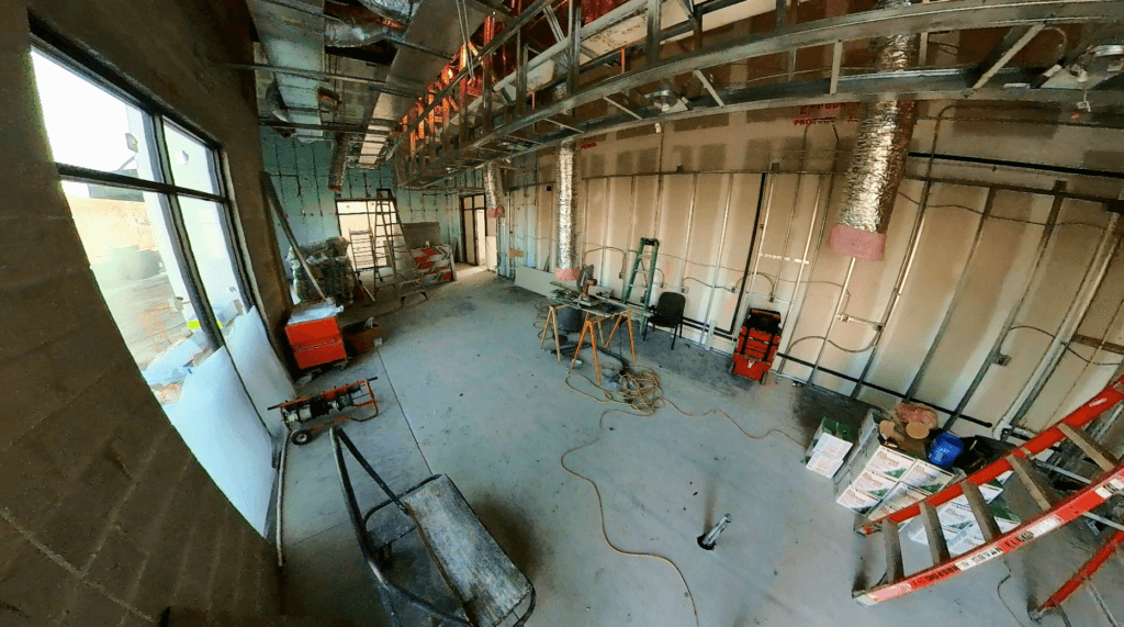 restaurant buildout St. Johns FL - Interior view of a restaurant buildout in St. Johns FL, showing an unfinished space with e